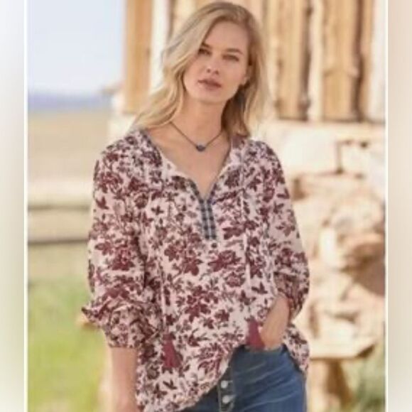 Sundance Loise Toile Bohemian Peasant Cream /Maroon Floral Blouse Size M - Picture 1 of 11